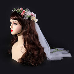 Romantic Pink Floral Bridal Veil with Crown
