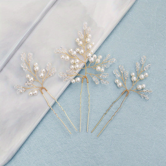 3pcs Faux Pearl Decor Braided Hair Pin Bridal Wedding Hair Accessory