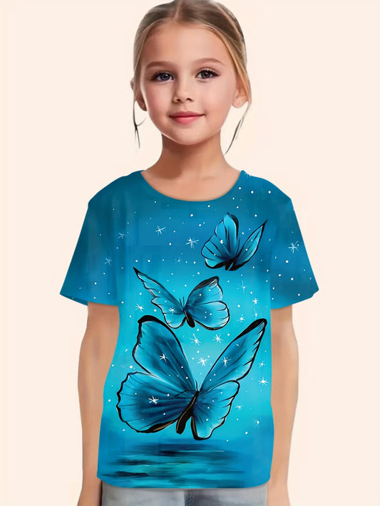 Butterfly Print Short Sleeve T shirt Girls Comfy Pullover Summer Clothes