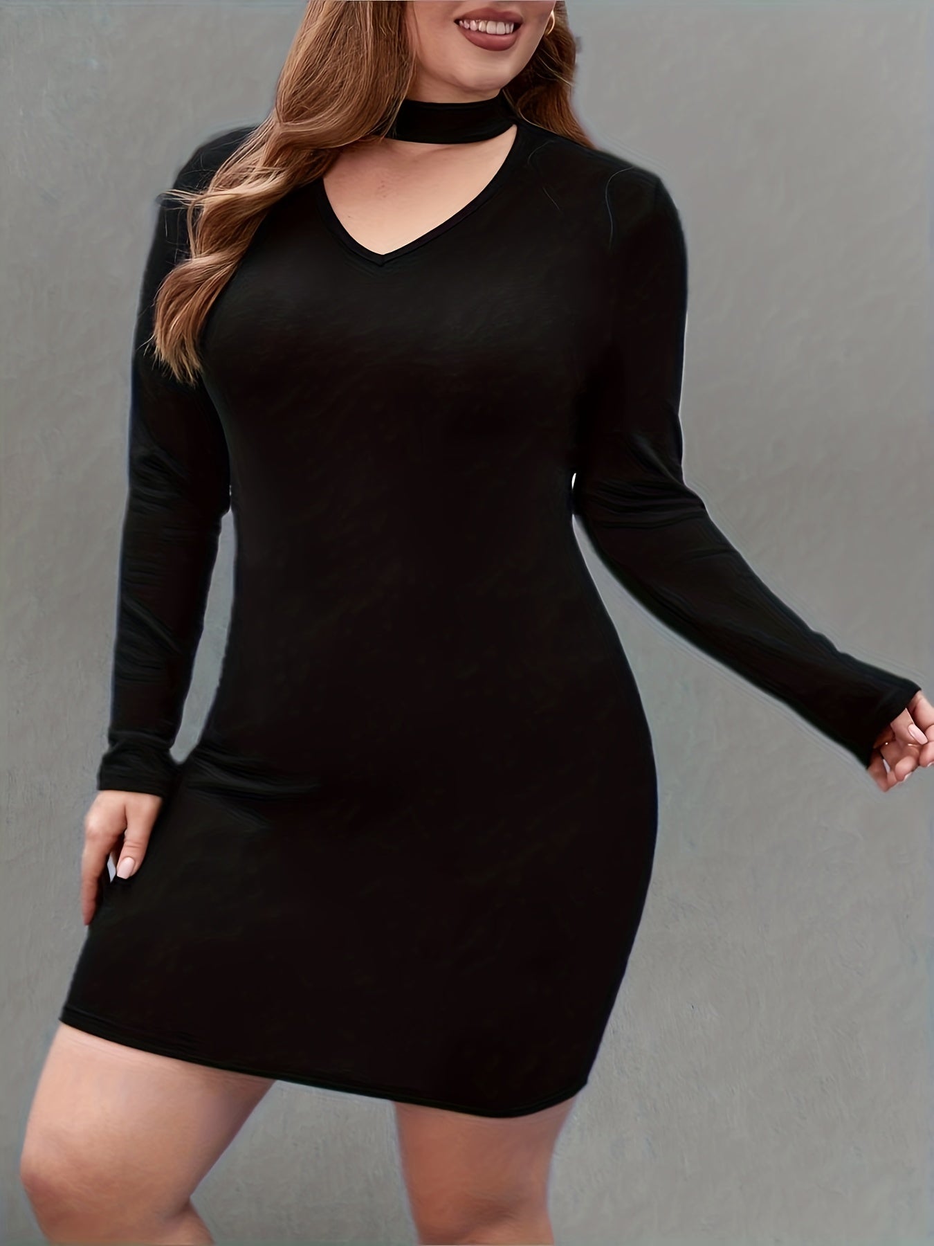  Solid Long Sleeve Cut Out Mock Neck Mini Dress
