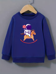 Astronaut & Pony Pattern Round Neck Sweatshirt for Girls
