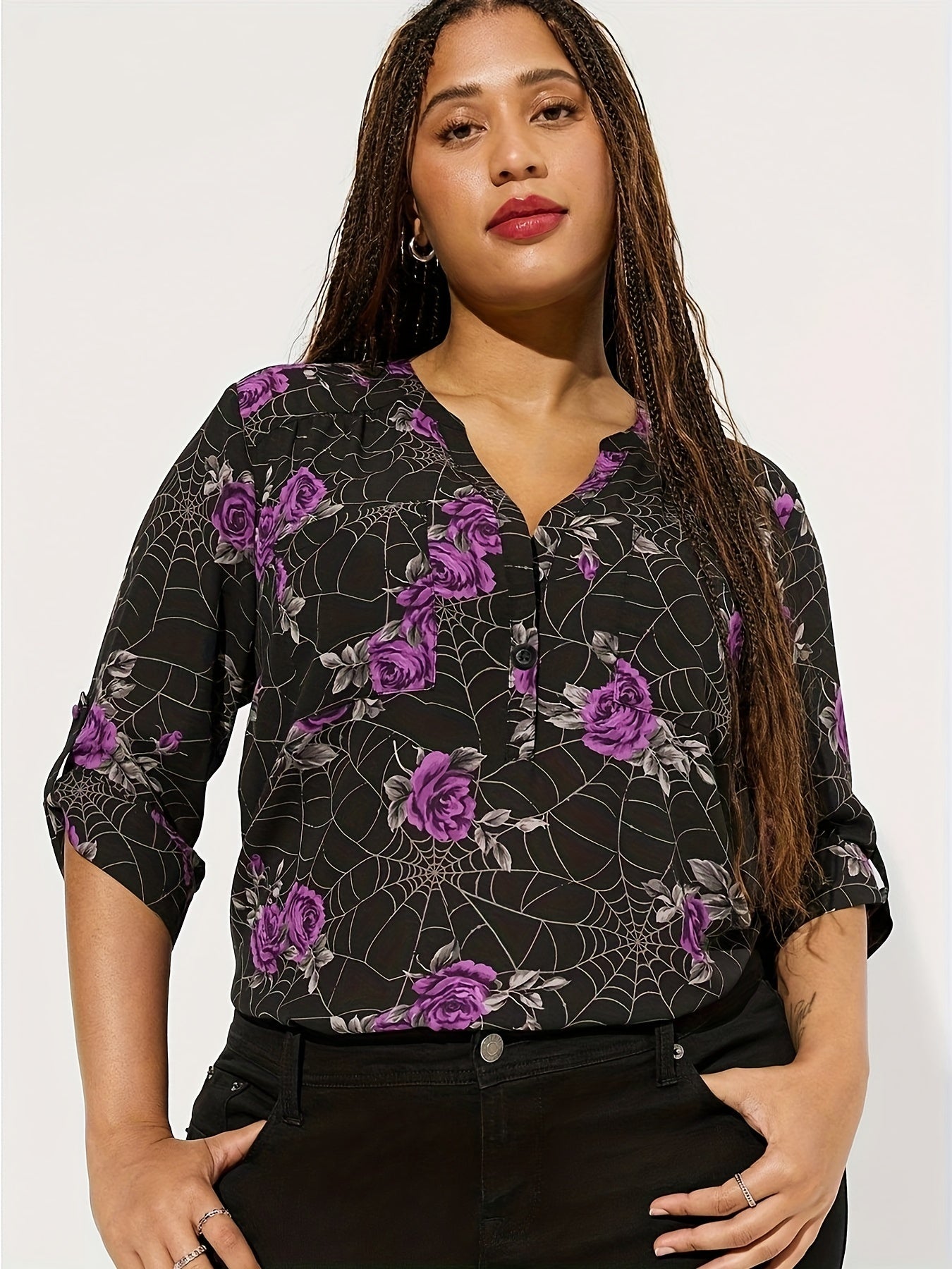  Women's Floral & Spider Web Print Button Up Long Sleeve V Neck Shirt