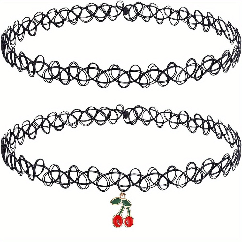 2pcs Butterfly Cherry Pendant Choker Necklaces for Women Girls Teens