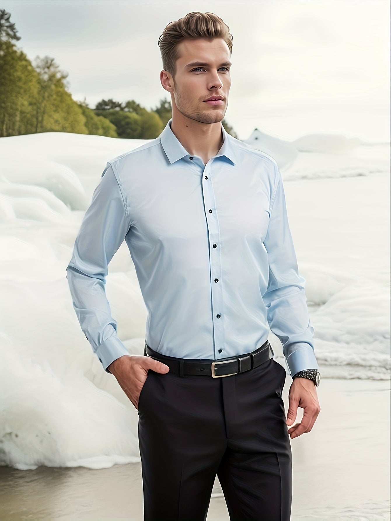 Men's Non Iron Shirt Top Long Sleeve Solid Business