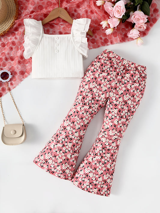 Ruffle Sleeve Cami Top & Floral Pants Set for Girls