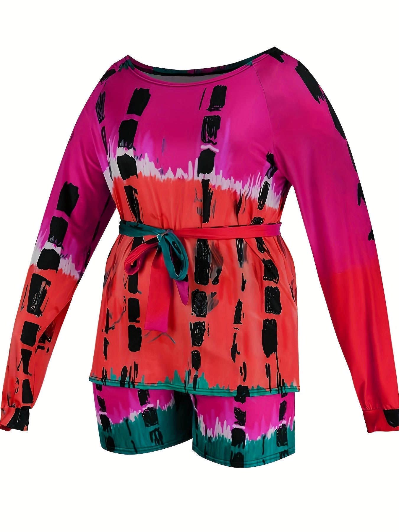  Tie Dye One Shoulder Top & Shorts Set With Belt