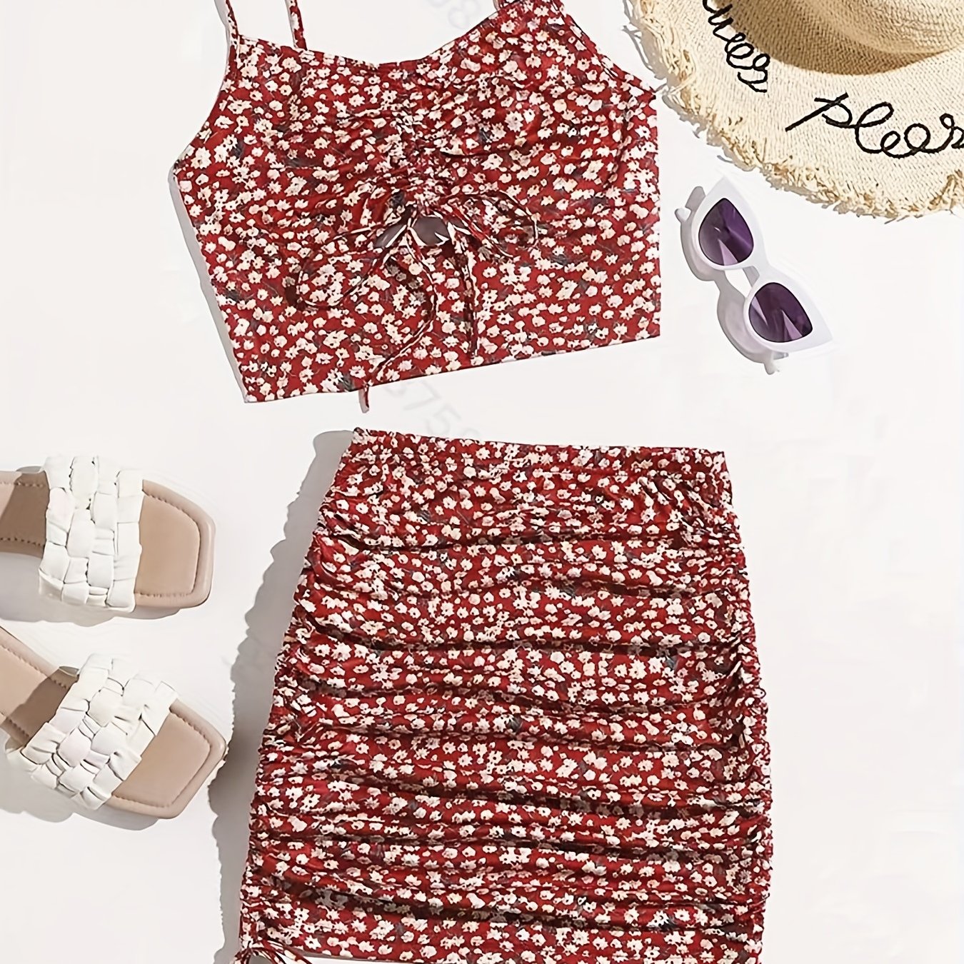 Floral Print Drawstring Two-piece Set - Crop Top & Bodycon Dress