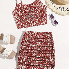 Floral Print Drawstring Two-piece Set - Crop Top & Bodycon Dress