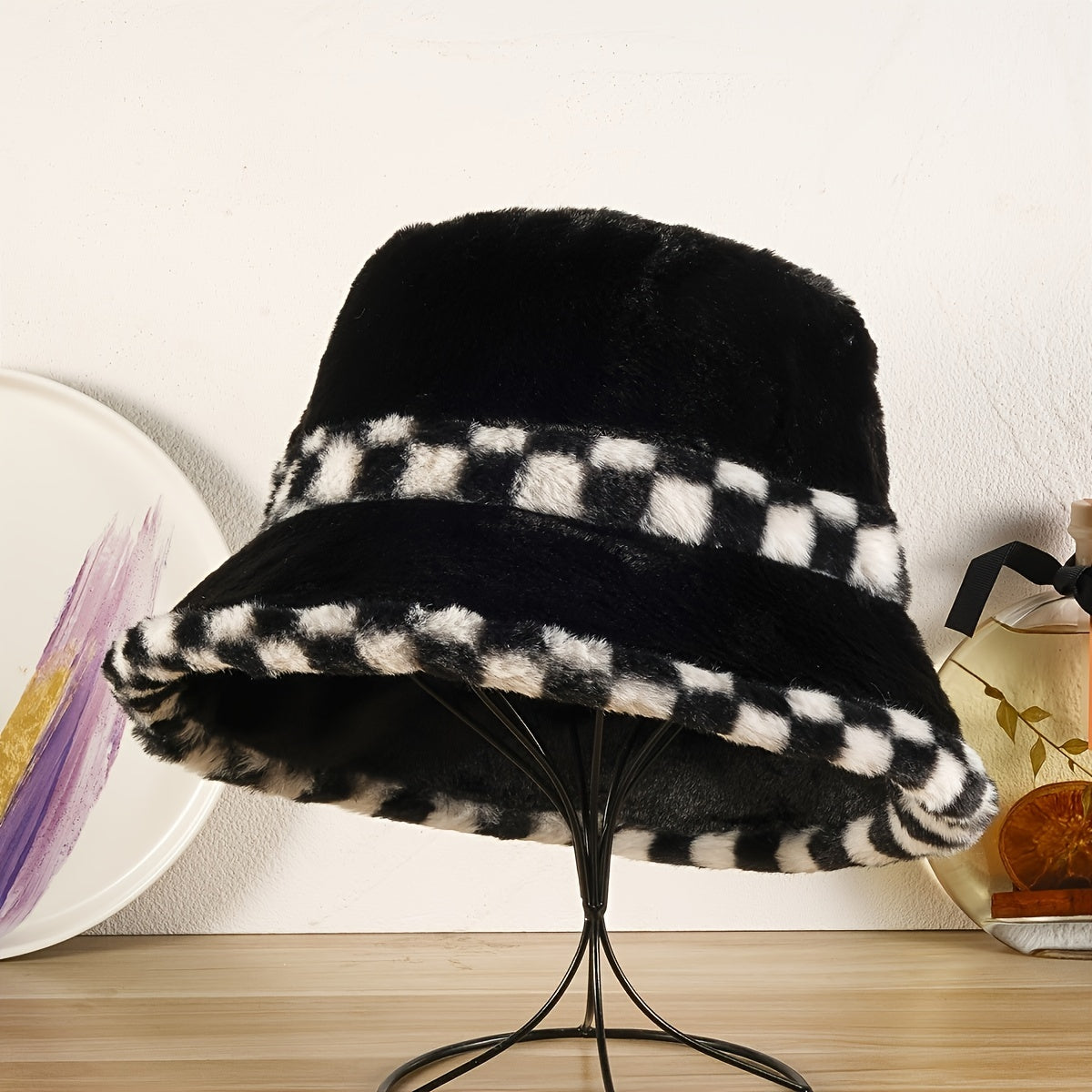 Plush Thickened Winter Fisherman Hat Checkerboard Lattice Contrast Ski Hat