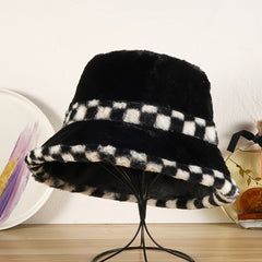 Plush Thickened Winter Fisherman Hat Checkerboard Lattice Contrast Ski Hat