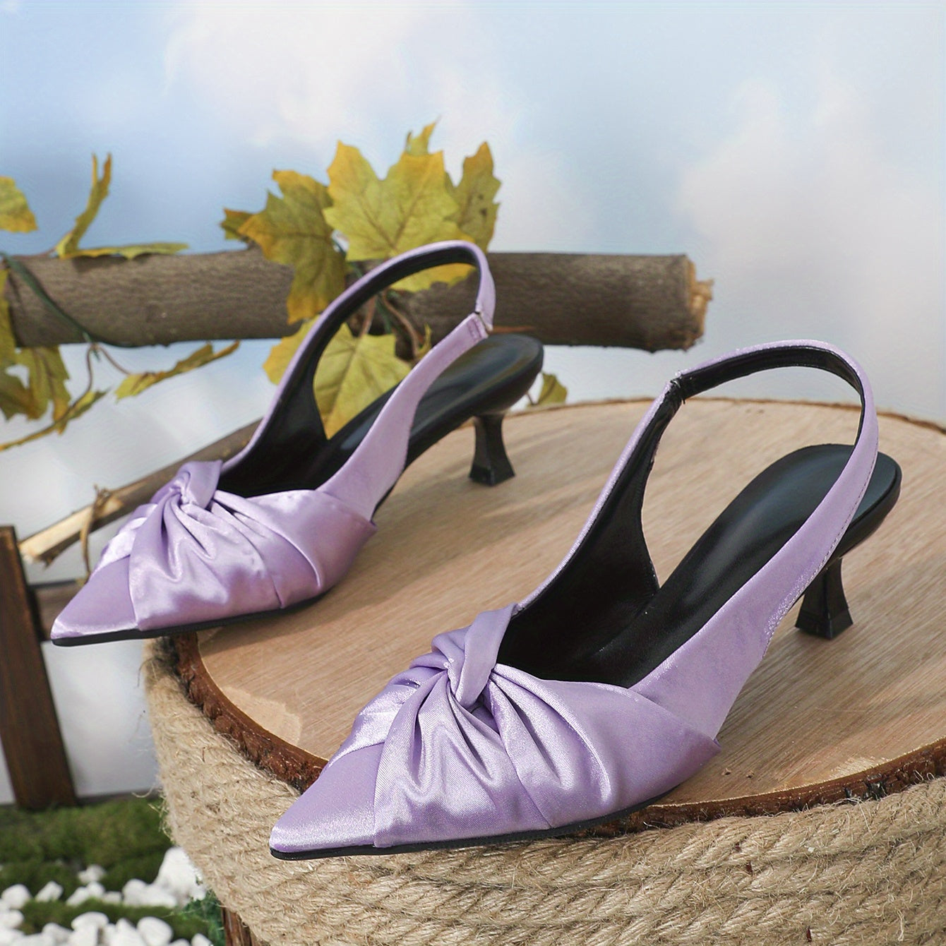 Women's Knot Kitten Heels Pointed Toe Slingback Satin Low Heels