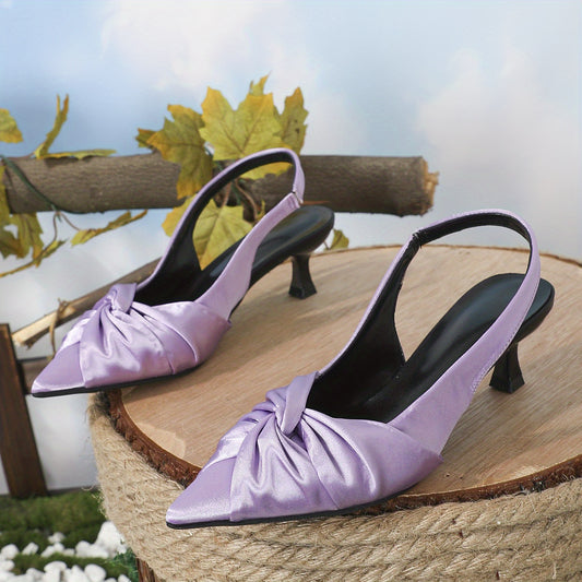 Women's Knot Kitten Heels Pointed Toe Slingback Satin Low Heels