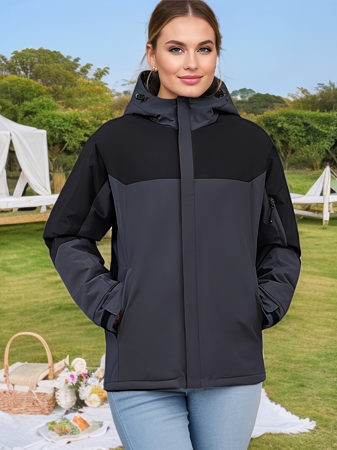 Women's Plus Colorblock Zip Up Outdoor Hooded Jacket