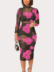 Sexy Floral Print 3pc Set Crop Top Shorts Bodycon Mesh Dress