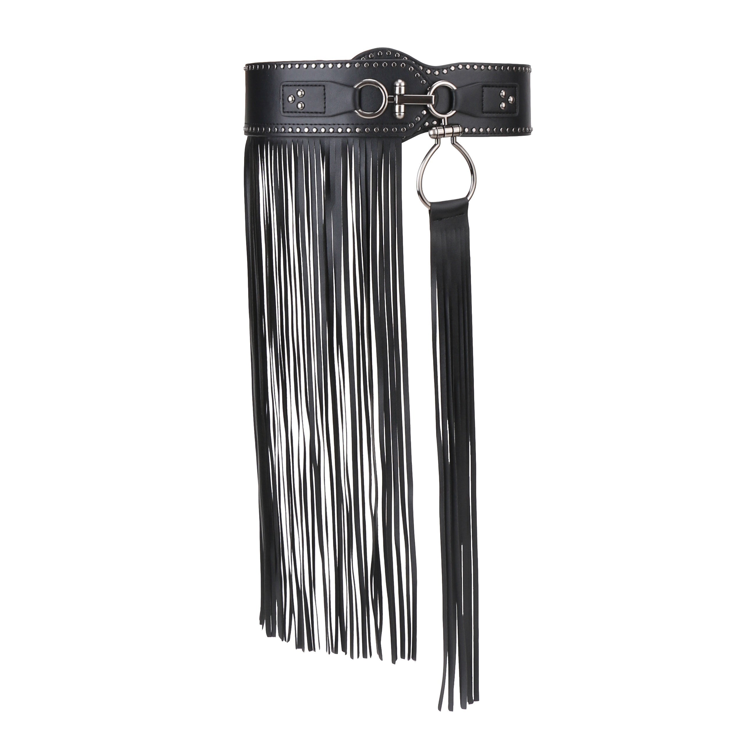  Punk Tassel Skirt PU Belt Rivet Decor Wide Waistband Fringe Girdle