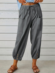  Solid Bow Knot Elastic Button Casual Pants