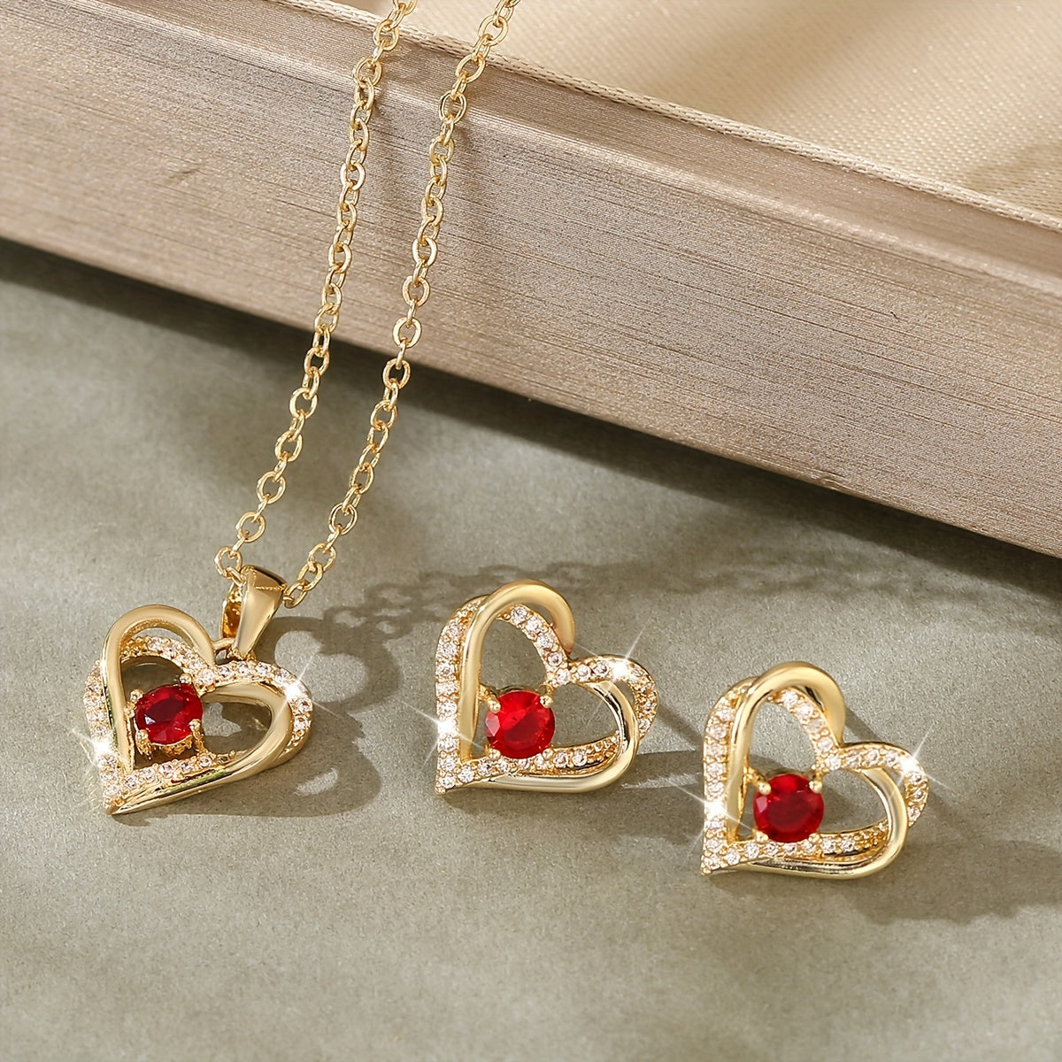 Copper Inlaid Red Zirconia Love Earrings & Pendant Set