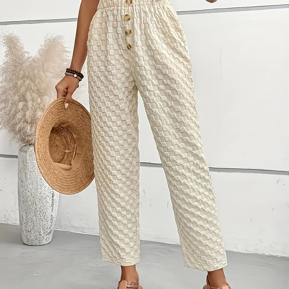  Women's Textured Button High Rise Straight Leg Trousers