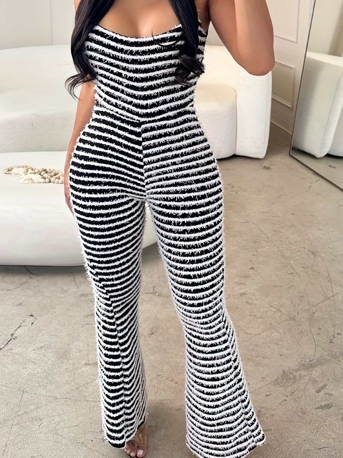 Striped Flare Leg Jumpsuit Backless Casual Slim Fit Jumpsuit
