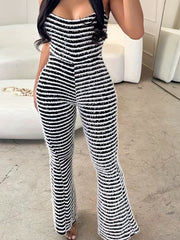 Striped Flare Leg Jumpsuit Backless Casual Slim Fit Jumpsuit
