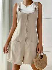 Button Front Overall Romper Solid Sleeveless