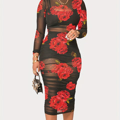 Sexy Floral Print 3pc Set Crop Top Shorts Bodycon Mesh Dress