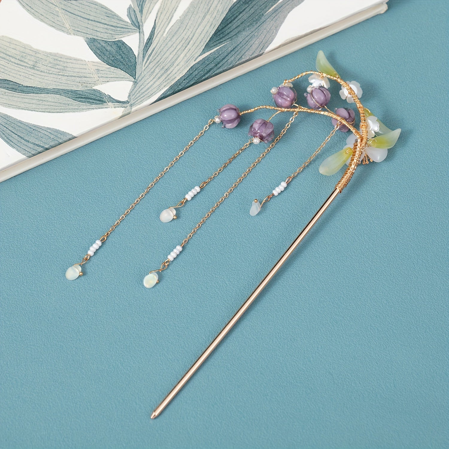 Ancient Style Hairpin Women's Headdress Beads Tassel Purple Lily
