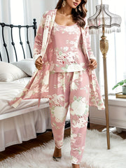 Floral Print Pajama Set Robe Top Pants Women's Sleepwear
