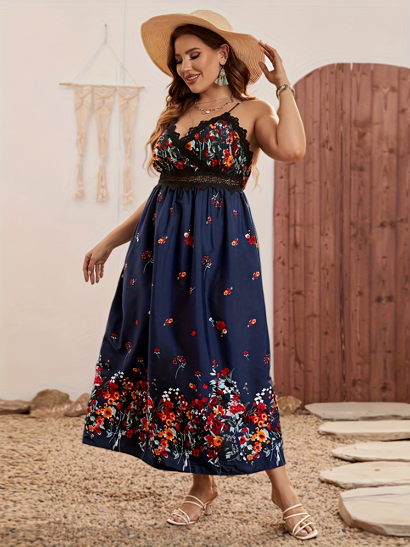  Floral Print Lace Trim Maxi Dress