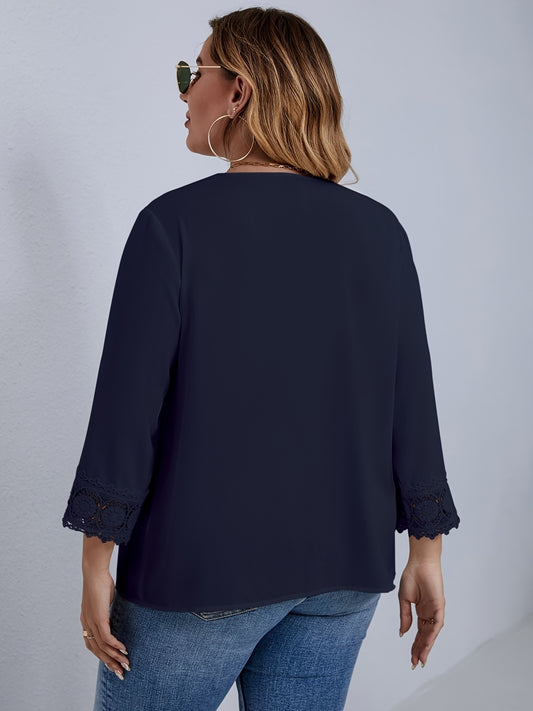  Casual Blouse Women's Plus Solid Contrast Lace Long Sleeve V Neck