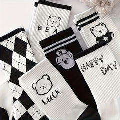 5 Pairs Bear & Plaid Print Socks Mid Tube Women's Stockings