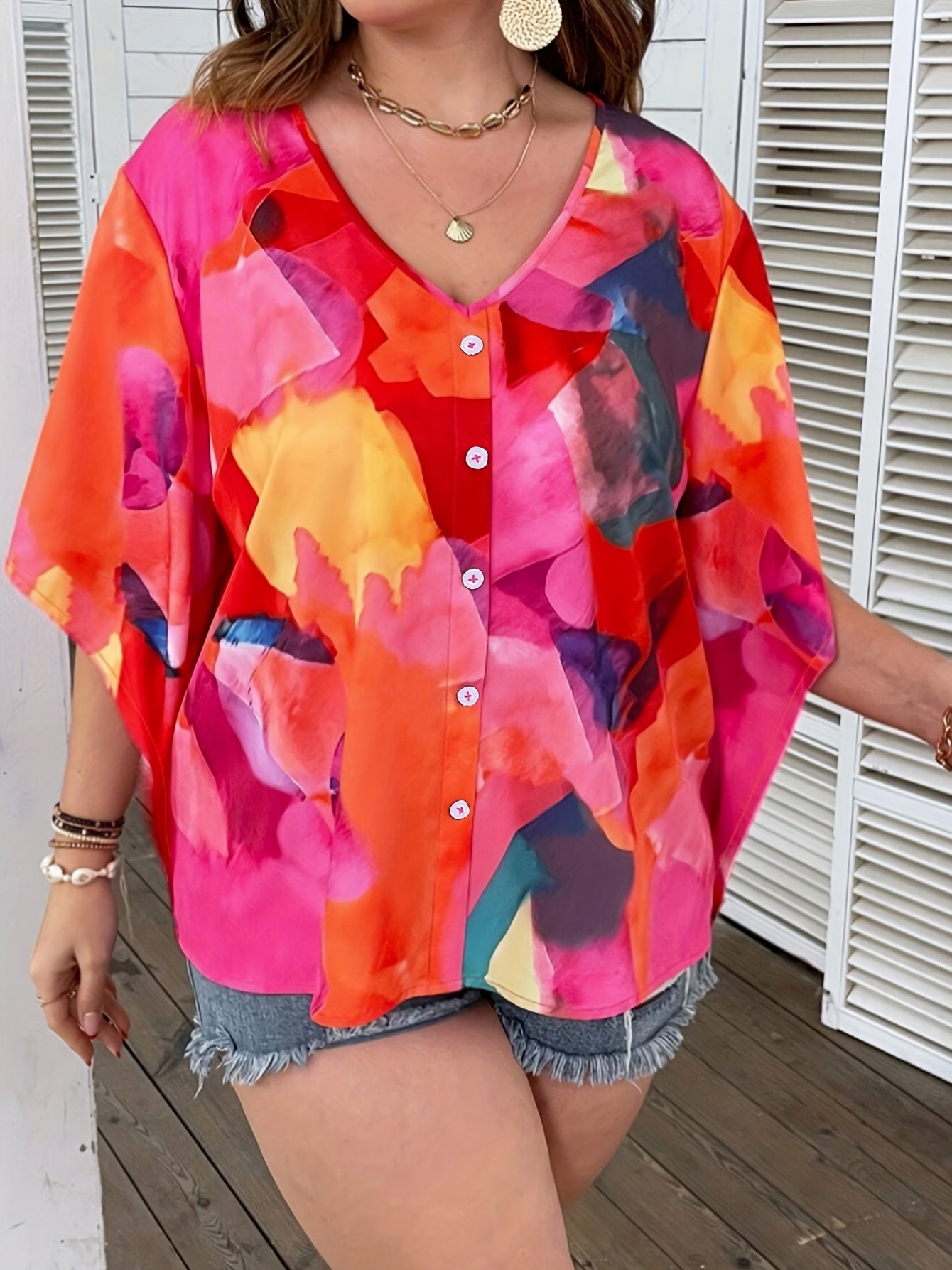  Colorblock Floral Print V Neck Top