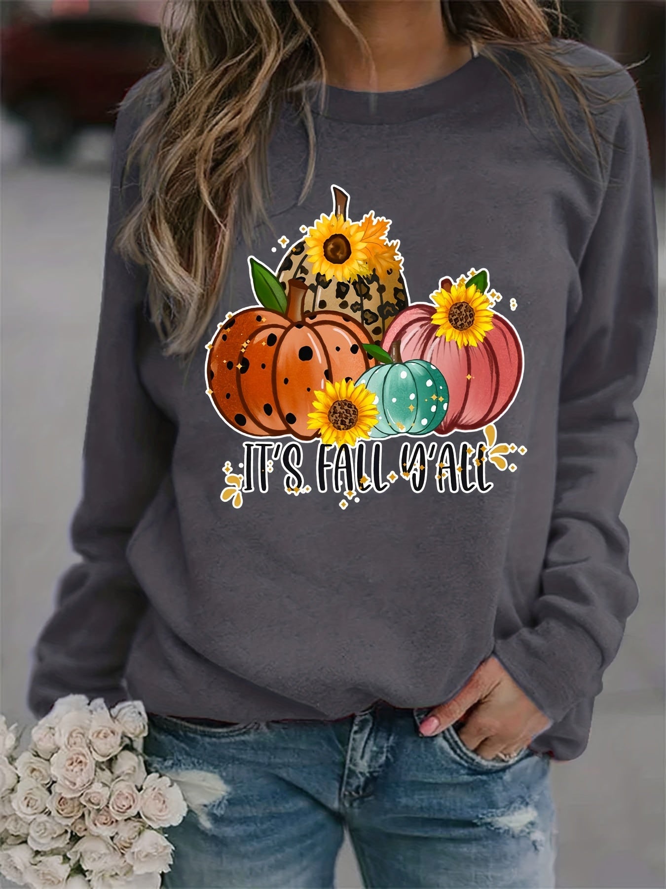 Fall Y'all Print Loose Sweatshirt Casual Long Sleeve