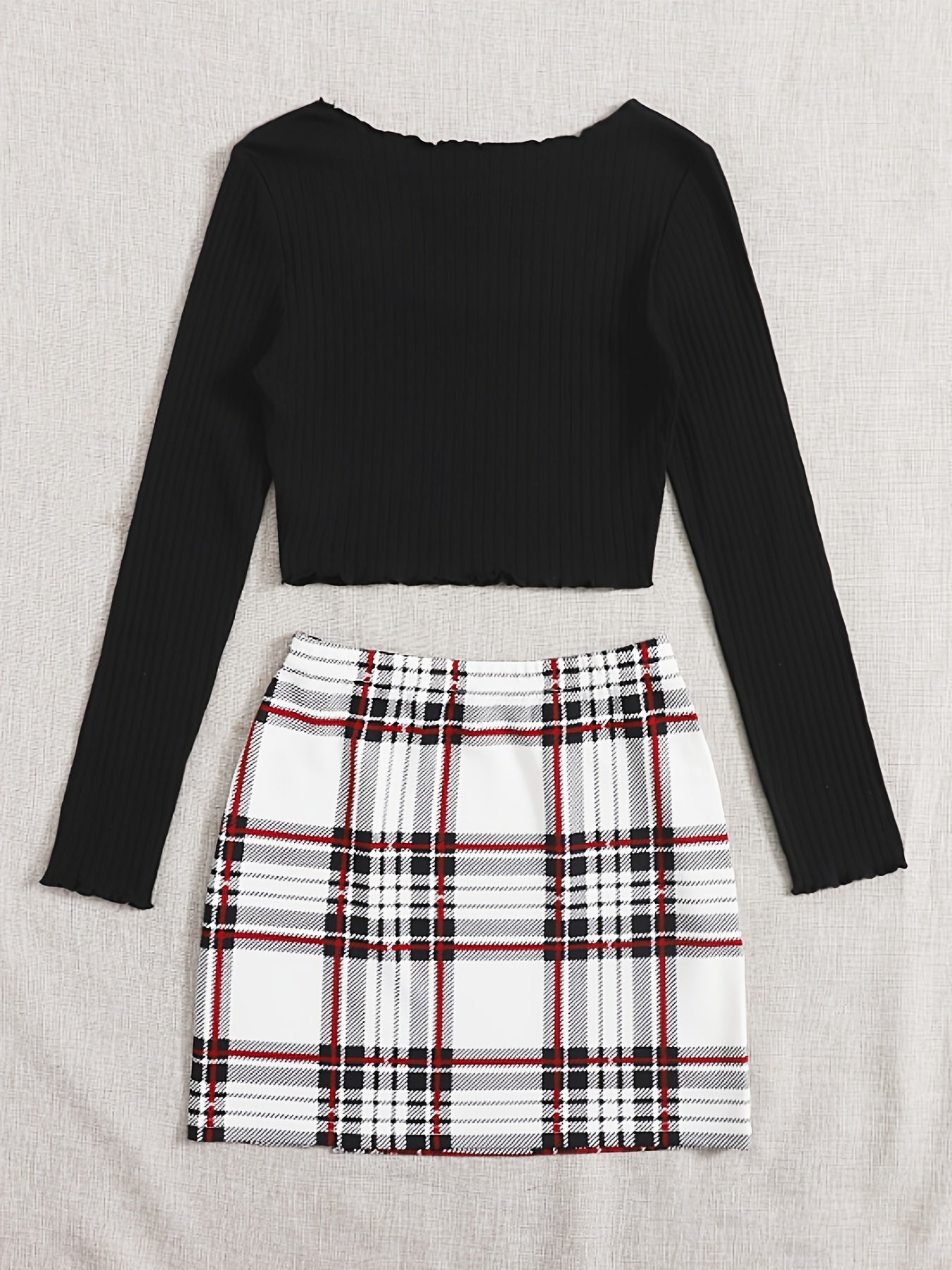 Women's Two Piece Set Square Neck Crop Top & Plaid High Waist Mini Skirt