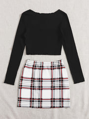 Women's Two Piece Set Square Neck Crop Top & Plaid High Waist Mini Skirt