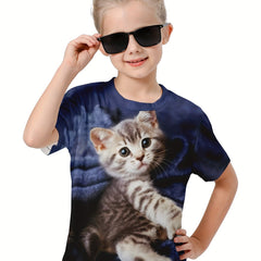 3D Cat Graphic Short Sleeve T-shirt Breathable Pullover Tops