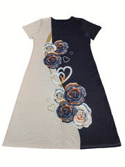  Colorblock Floral Print Short Sleeve Midi Dress