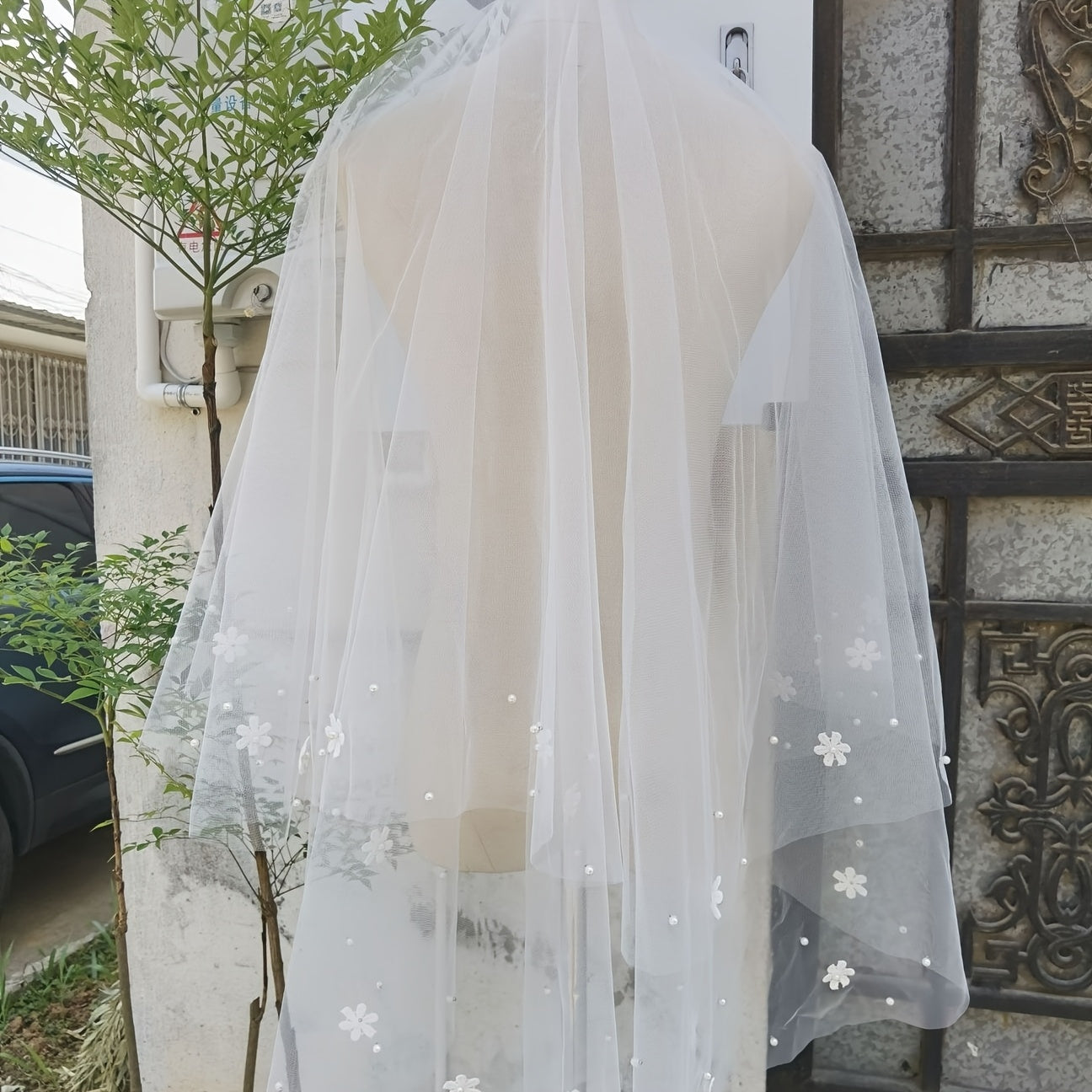 Hand Sewn Floral Pearl Bridal Veil Double Layer with Comb