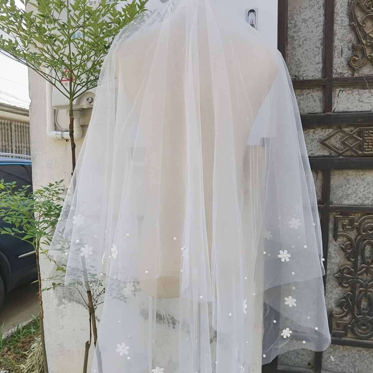 Hand Sewn Floral Pearl Bridal Veil Double Layer with Comb