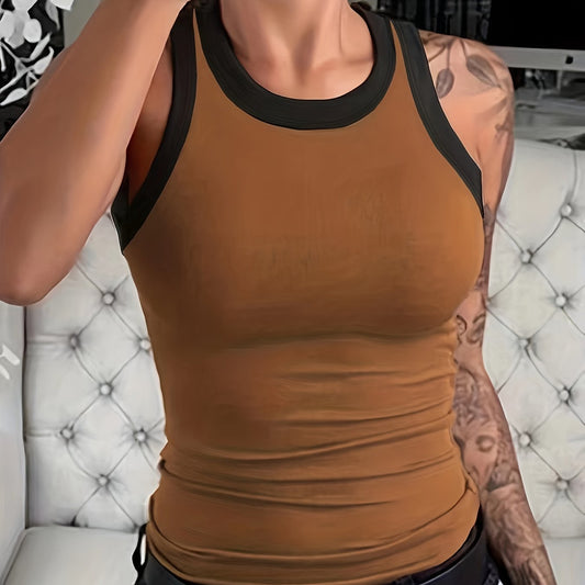  Colorblock Tank Top Round Neck Stretchy Skinny Tank Top