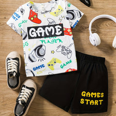 Boys Game Print Casual Outfit Round Neck T shirt & Shorts
