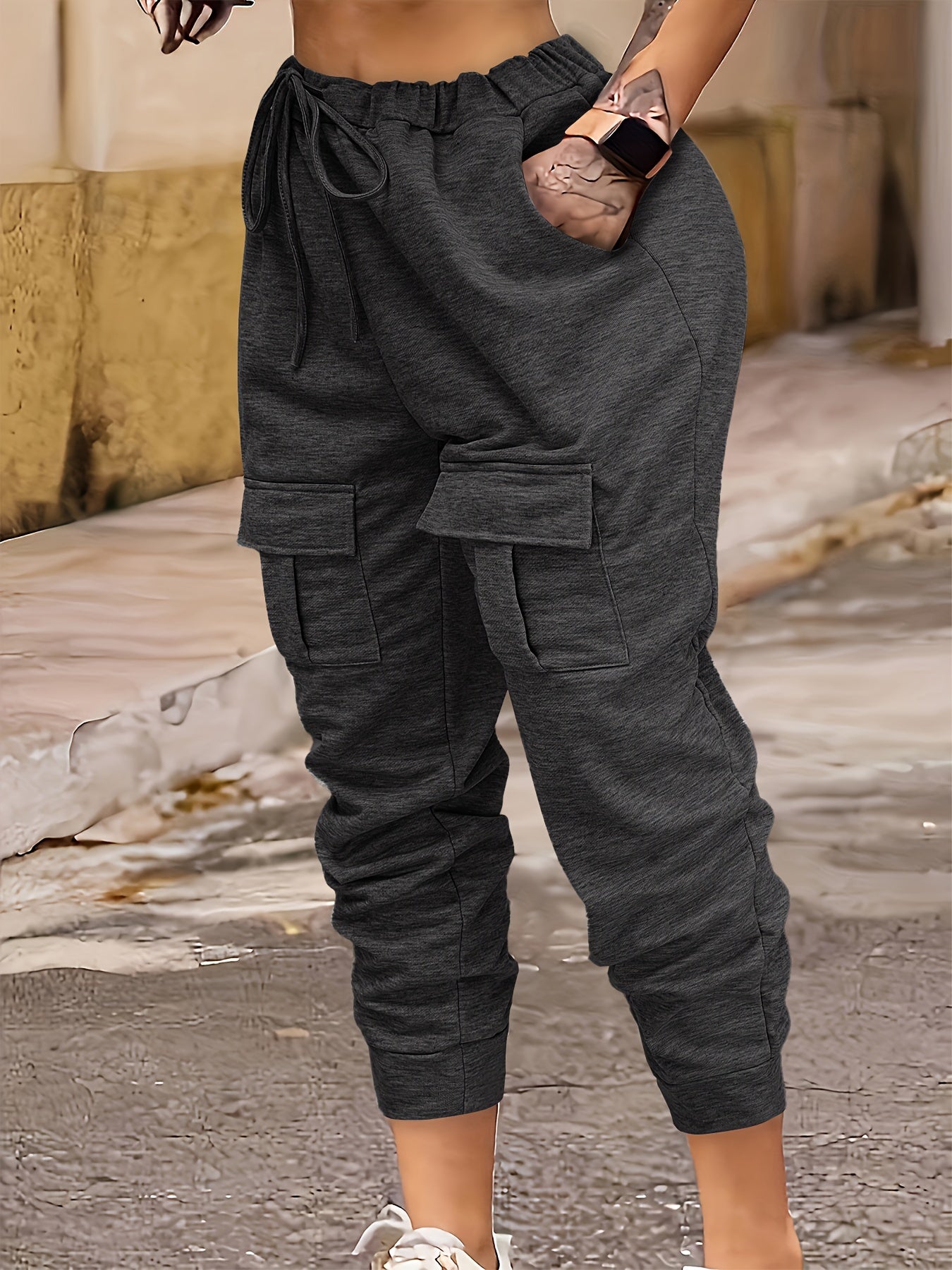 Women's Plus Elastic Drawstring Cargo Joggers With Pockets