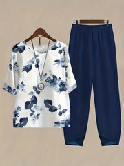 Floral Print Blouse & Solid Pants Set