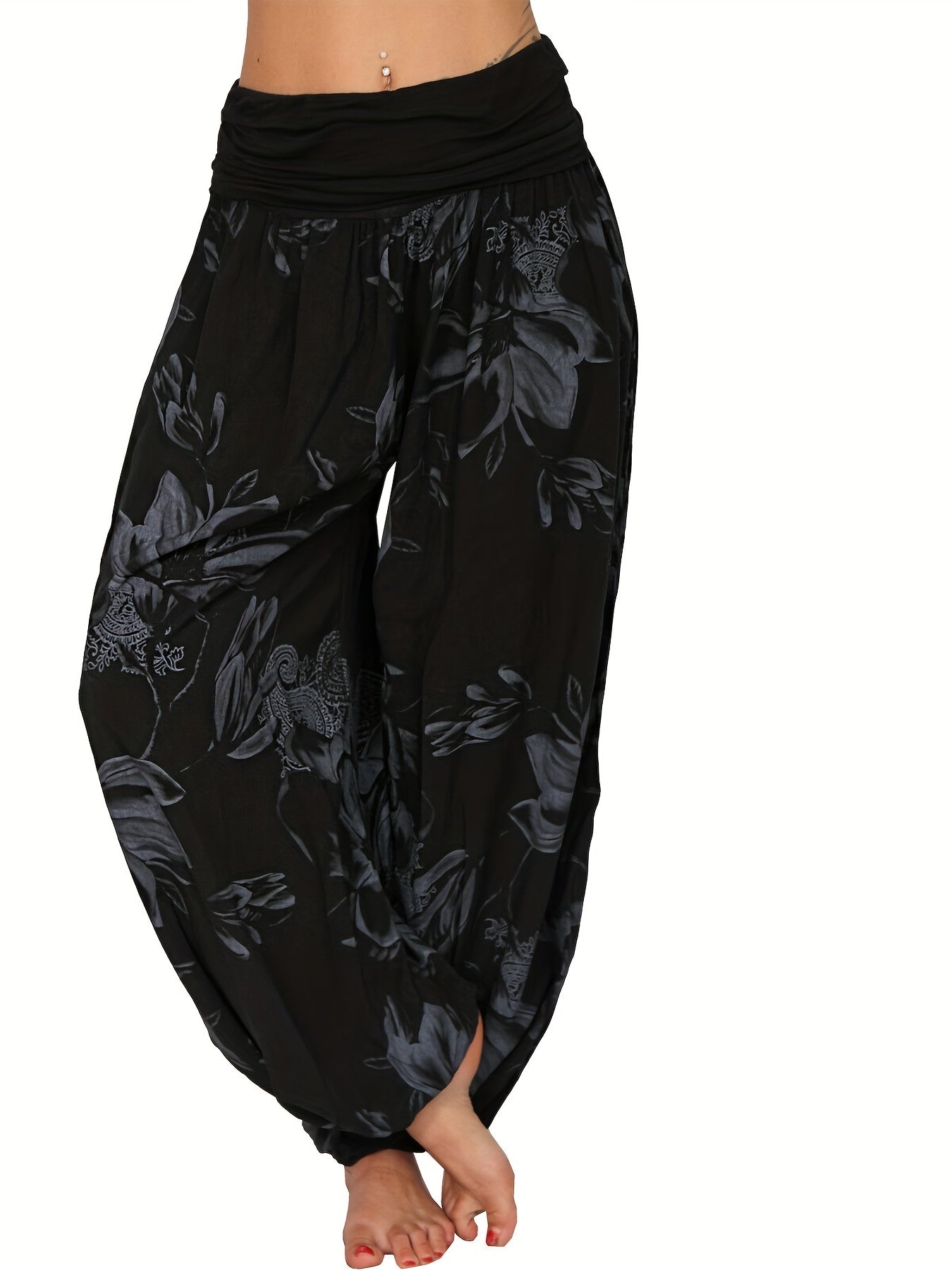Floral Print Ruched Low Waist Harem Pants