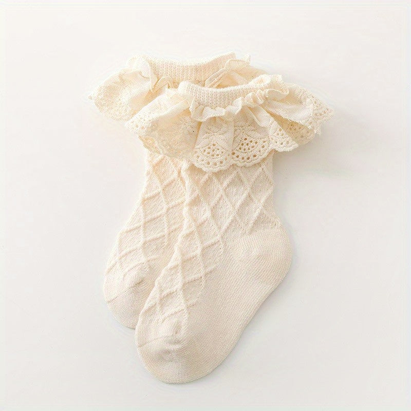 Baby Girls Cotton Argyle Crew Socks Ruffle Lace Decor Spring Autumn