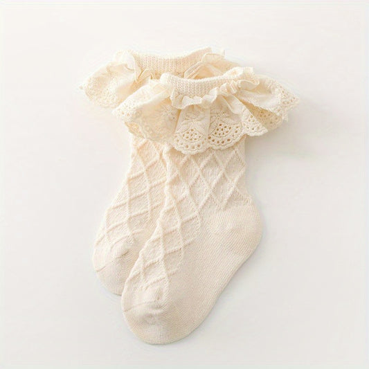 Baby Girls Cotton Argyle Crew Socks Ruffle Lace Decor Spring Autumn