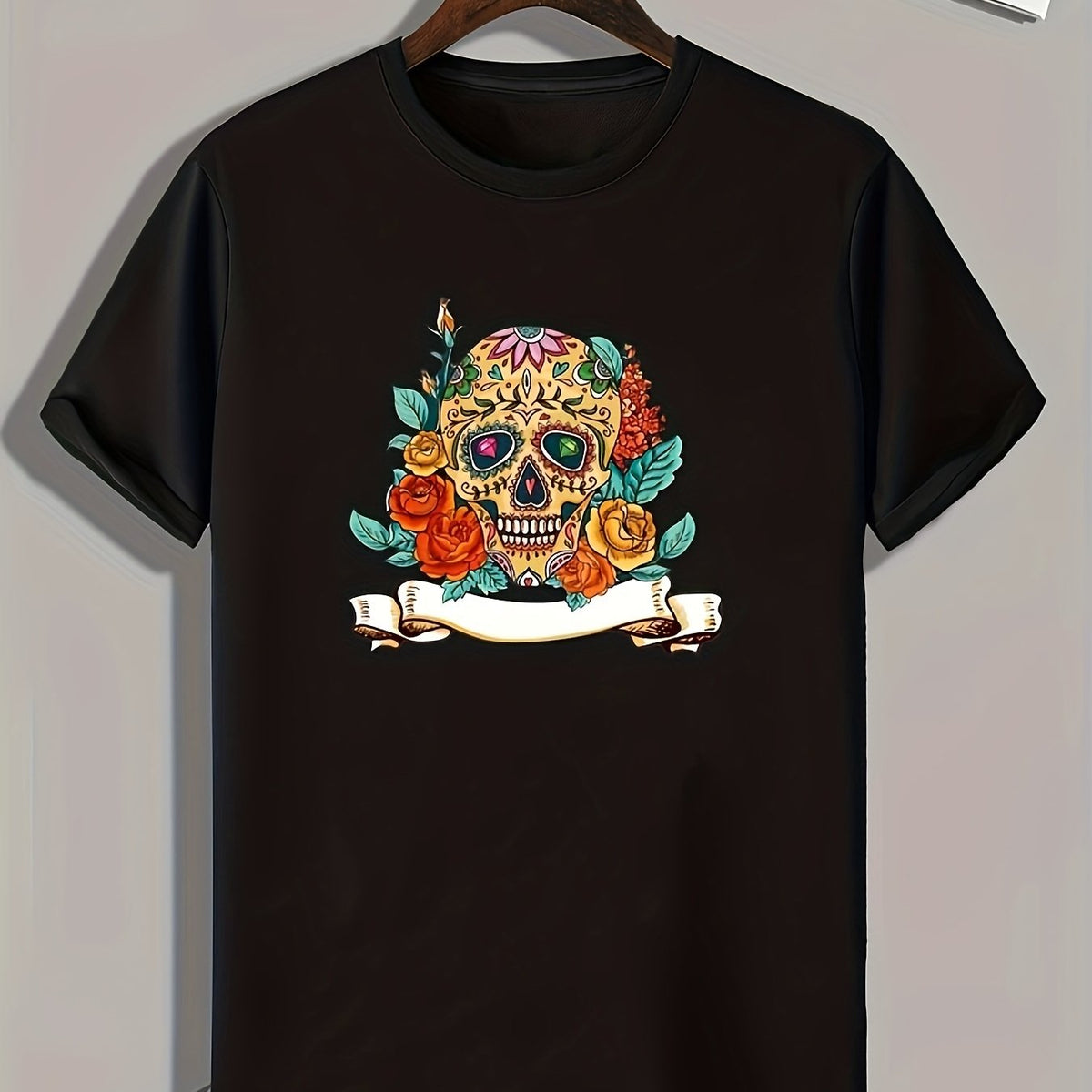Skull And Flowers Print Men's Graphic T shirt Casual Comfy Tees