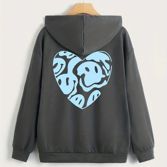 Heart Print Zip Up Hoodie Casual Long Sleeve Drawstring Hoodies Sweatshirt