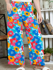 Women's Plus Floral Print Elastic Drawstring Beachwear Wide Leg Pants