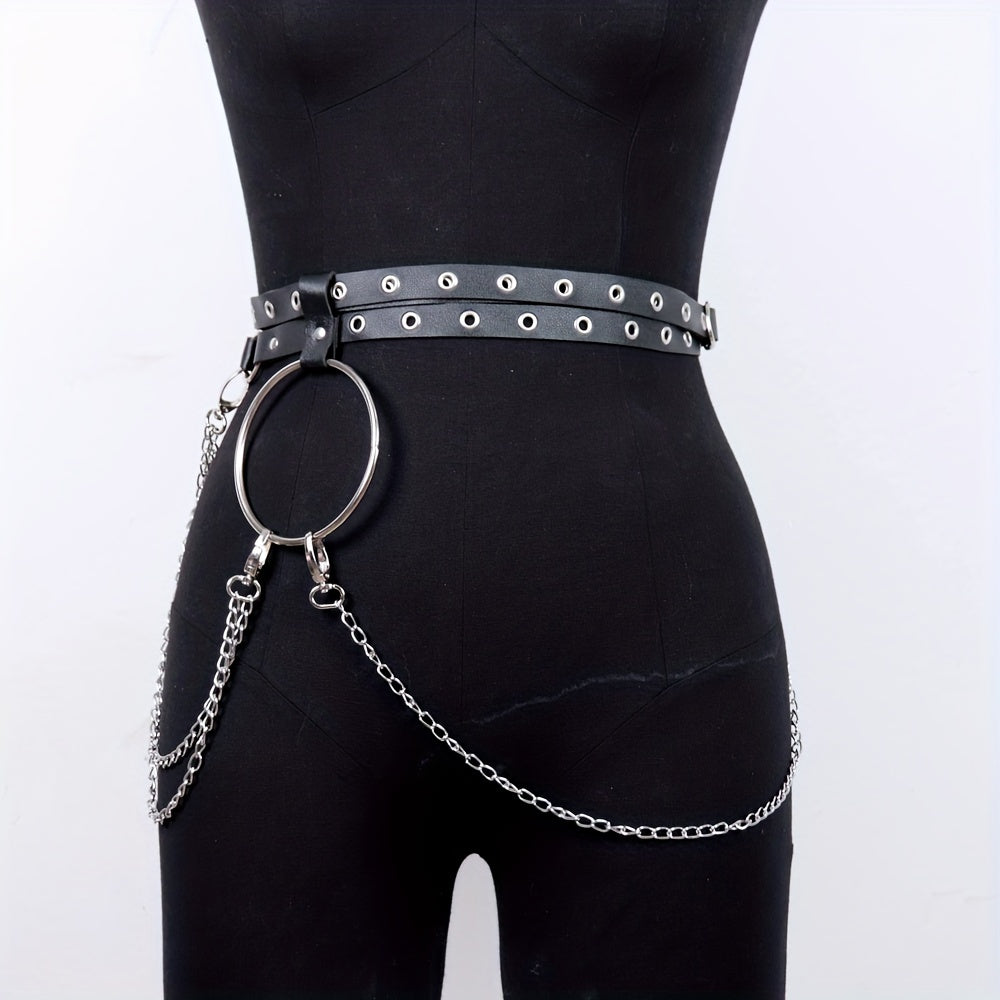 Eyelet Belt Punk Chain Fringe PU Leather Waistband for Women